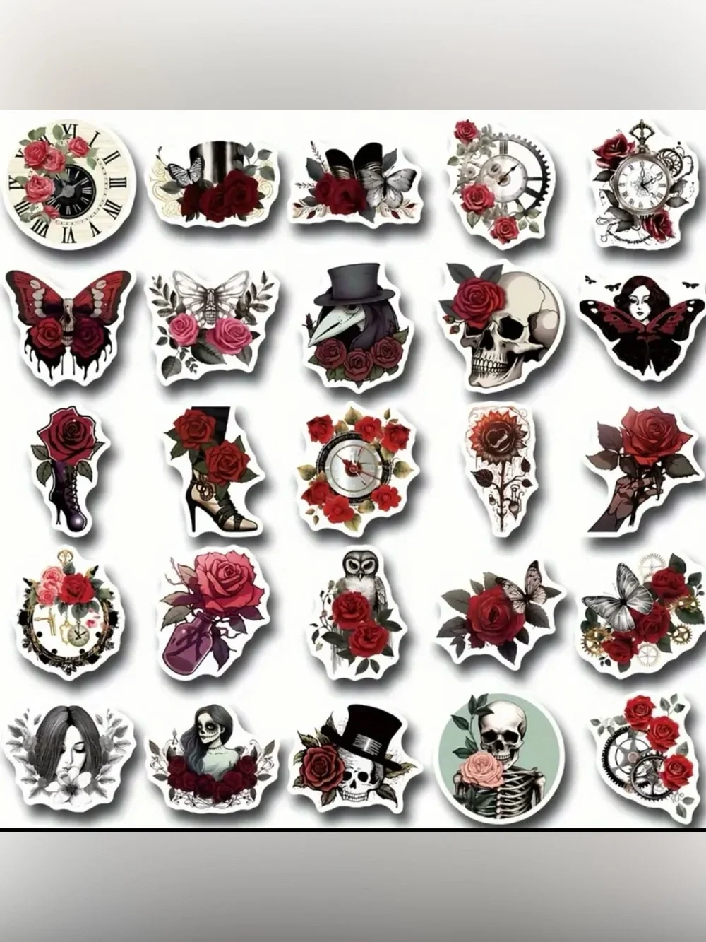 50 Gothic Vintage Skull & Rose Stickers Halloween Black Red Skeletons Flowers